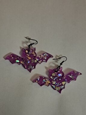Hanging Bat Purple Sparkly Glitter Earrings